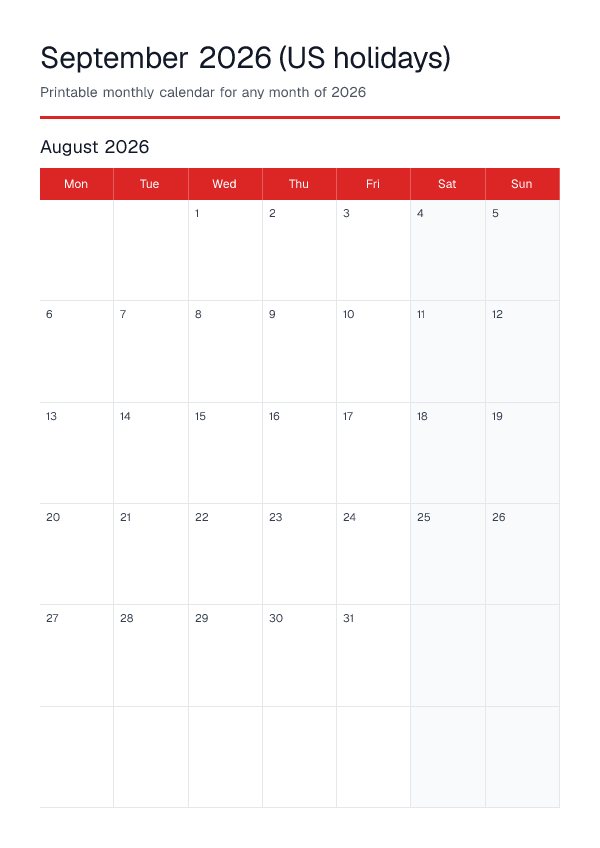 September 2026 Us Holidays — Monthly Calendar 2026 — printable PDF preview