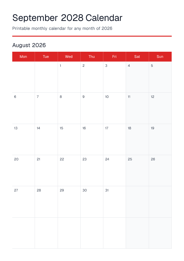 September 2028 — Monthly Calendar 2026 — printable PDF preview