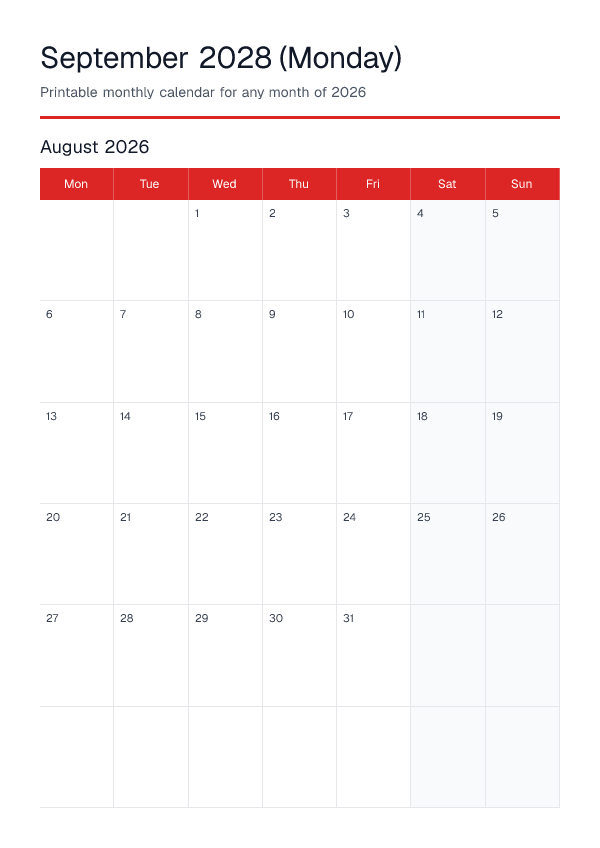 September 2028 Monday — Monthly Calendar 2026 — printable PDF preview