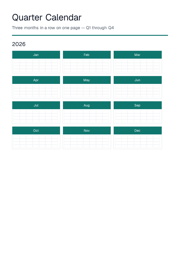 Quarter Calendar — printable PDF preview