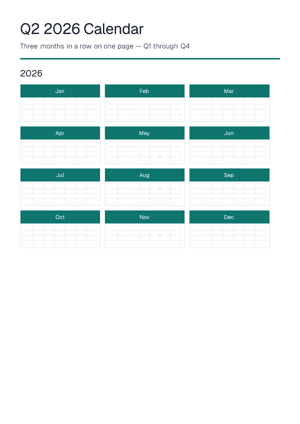 Q2 2026 — Quarter Calendar — printable PDF preview