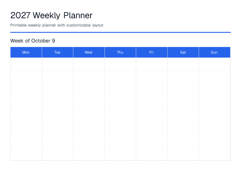 2027 — Weekly Planner — printable PDF preview