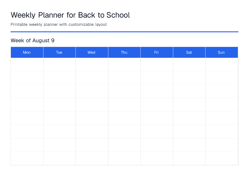Back To School — Weekly Planner — printable PDF preview