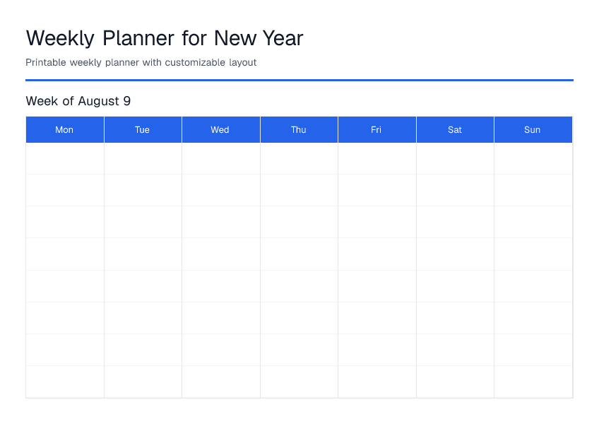 New Year — Weekly Planner — printable PDF preview
