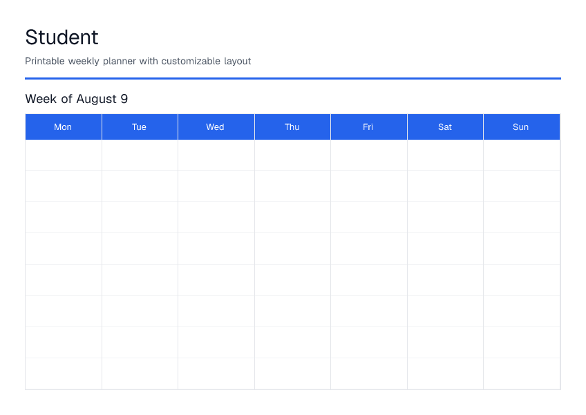 Student — Weekly Planner — printable PDF preview