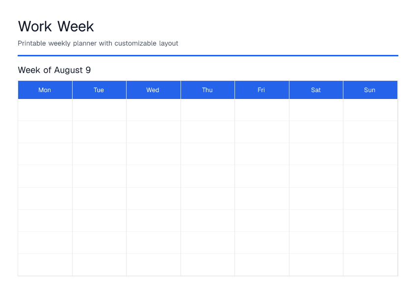 Work — Weekly Planner — printable PDF preview