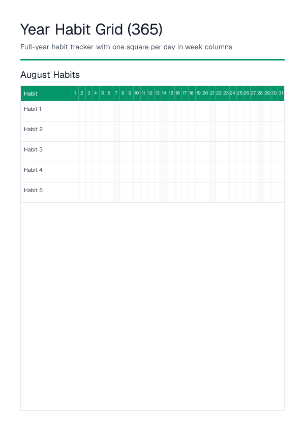 Year Habit Grid (365) — printable PDF preview