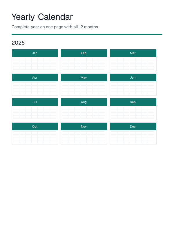 Yearly Calendar — printable PDF preview