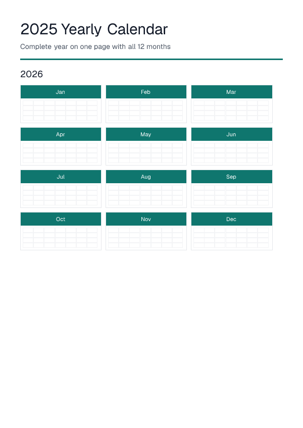 2025 — Yearly Calendar — printable PDF preview