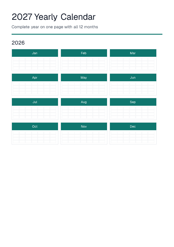 2027 — Yearly Calendar — printable PDF preview