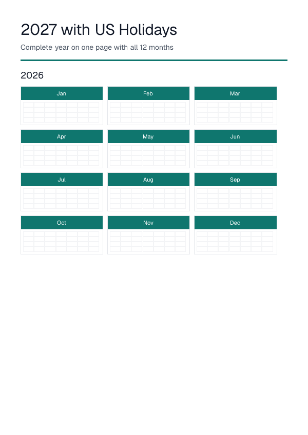 2027 With Us Holidays — Yearly Calendar — printable PDF preview