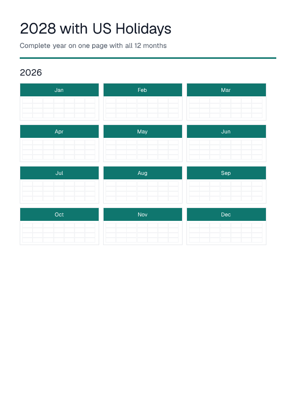 2028 With Us Holidays — Yearly Calendar — printable PDF preview