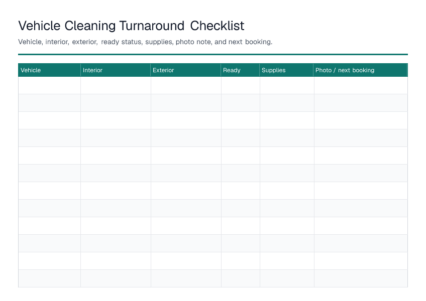 Vehicle Cleaning Turnaround Checklist — printable PDF preview