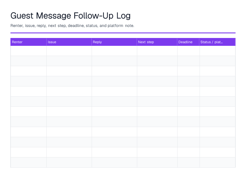 Guest Message Follow-Up Log — printable PDF preview