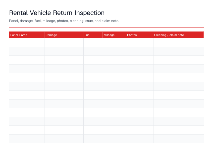 Rental Vehicle Return Inspection — printable PDF preview