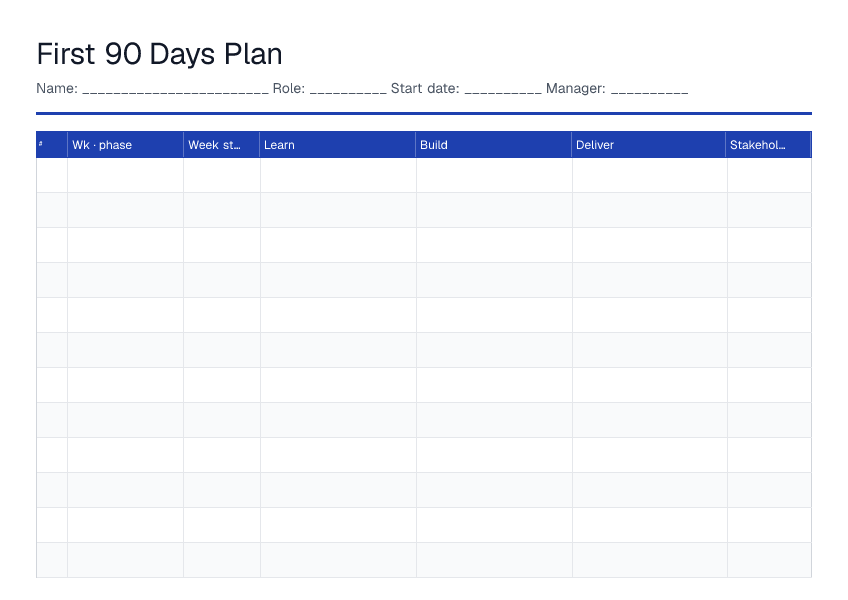 First 90 Days Plan — printable PDF preview