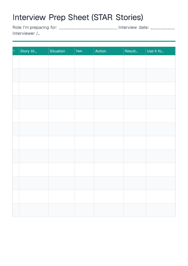 Interview Prep Sheet (STAR Stories) — printable PDF preview
