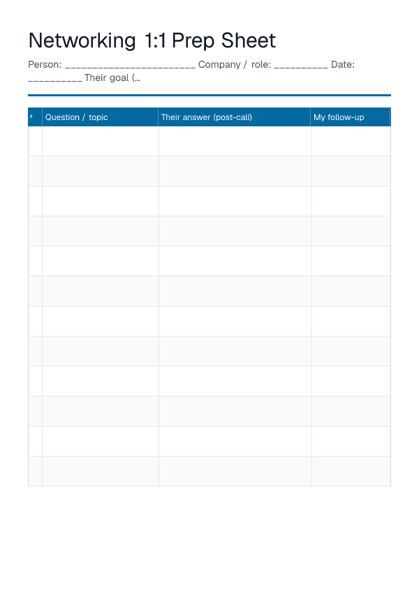 Networking 1:1 Prep Sheet — printable PDF preview