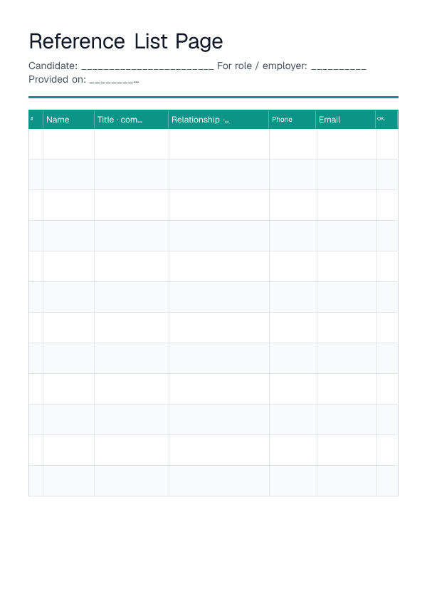 Reference List Page — printable PDF preview