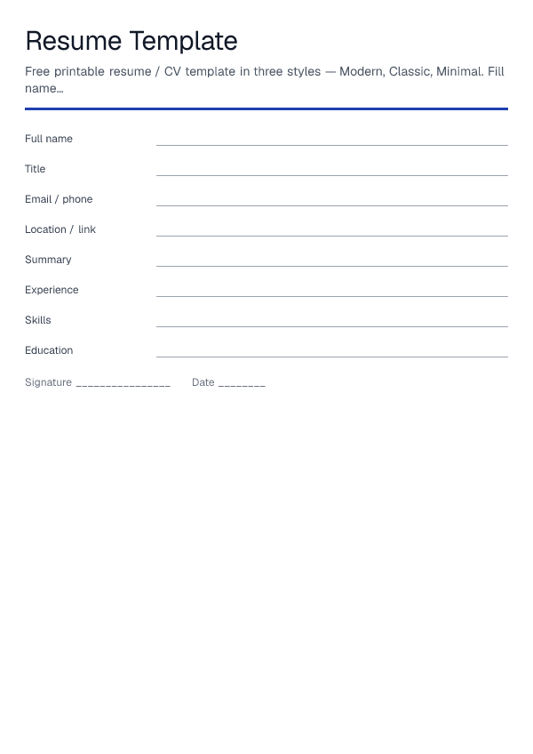 Resume Template — printable PDF preview