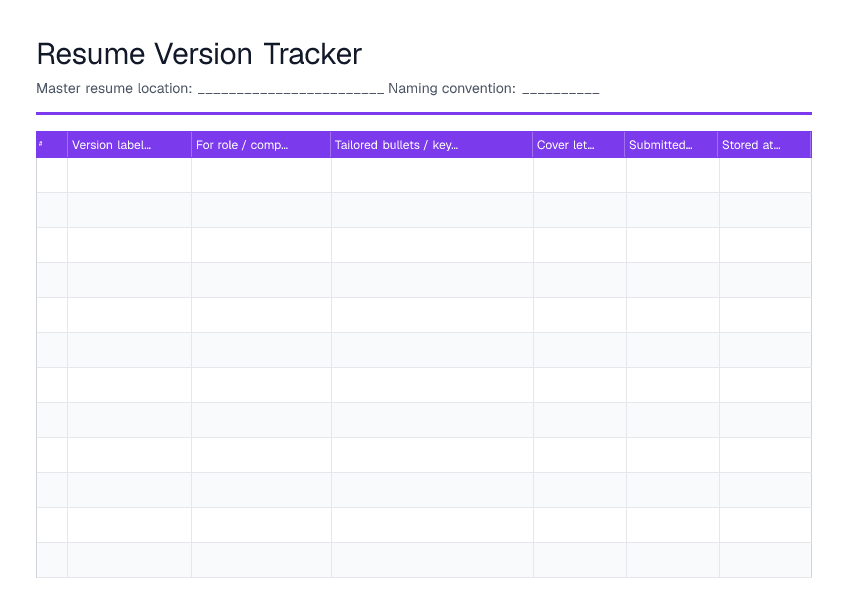 Resume Version Tracker — printable PDF preview