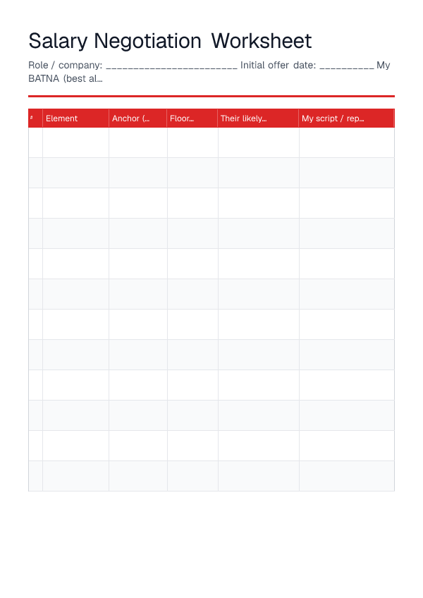 Salary Negotiation Worksheet — printable PDF preview