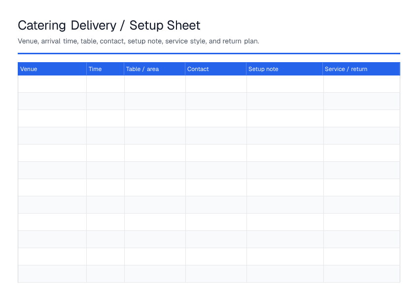 Catering Delivery / Setup Sheet — printable PDF preview