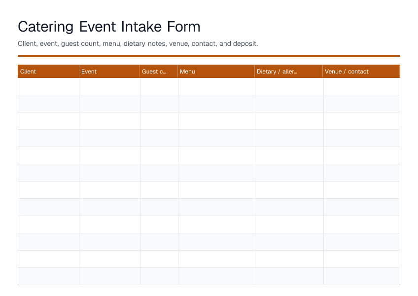 Catering Event Intake Form — printable PDF preview