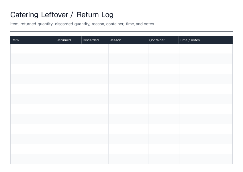 Catering Leftover / Return Log — printable PDF preview