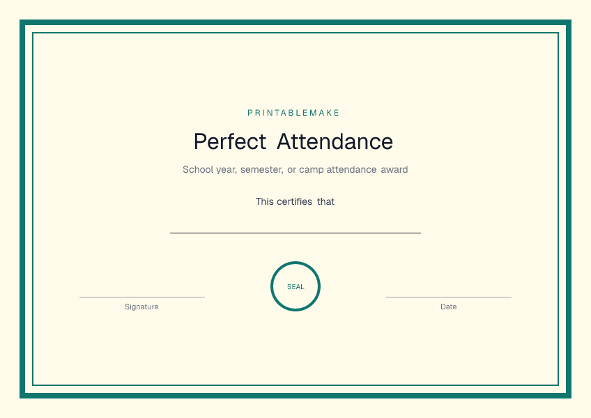 Perfect Attendance — printable PDF preview