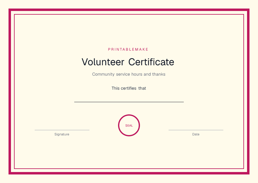 Volunteer Certificate — printable PDF preview
