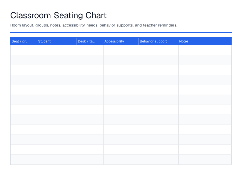 Classroom Seating Chart — printable PDF preview