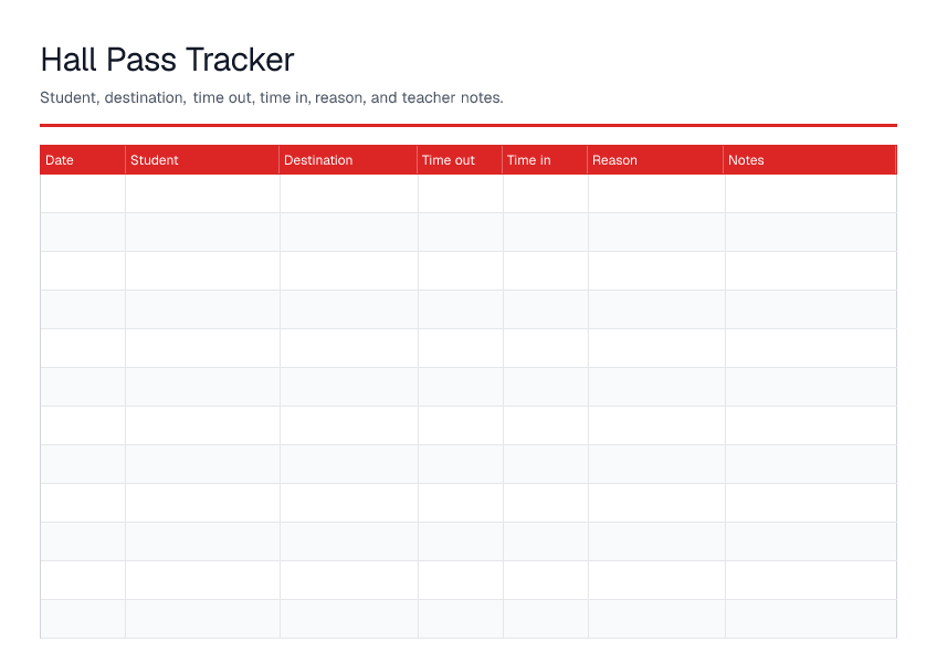 Hall Pass Tracker — printable PDF preview