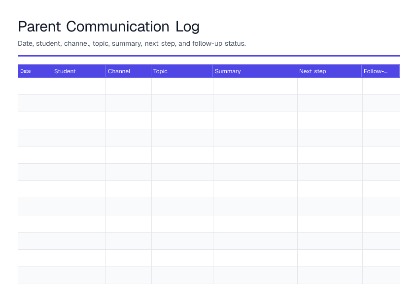 Parent Communication Log — printable PDF preview