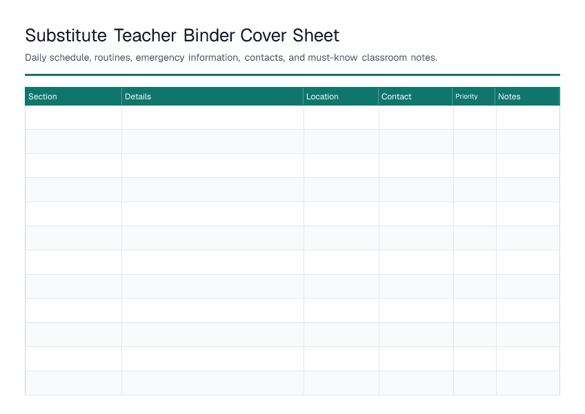 Substitute Binder Cover Sheet — printable PDF preview