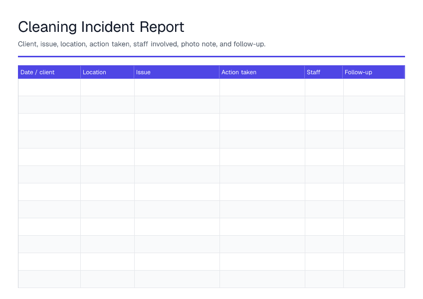 Cleaning Incident Report — printable PDF preview