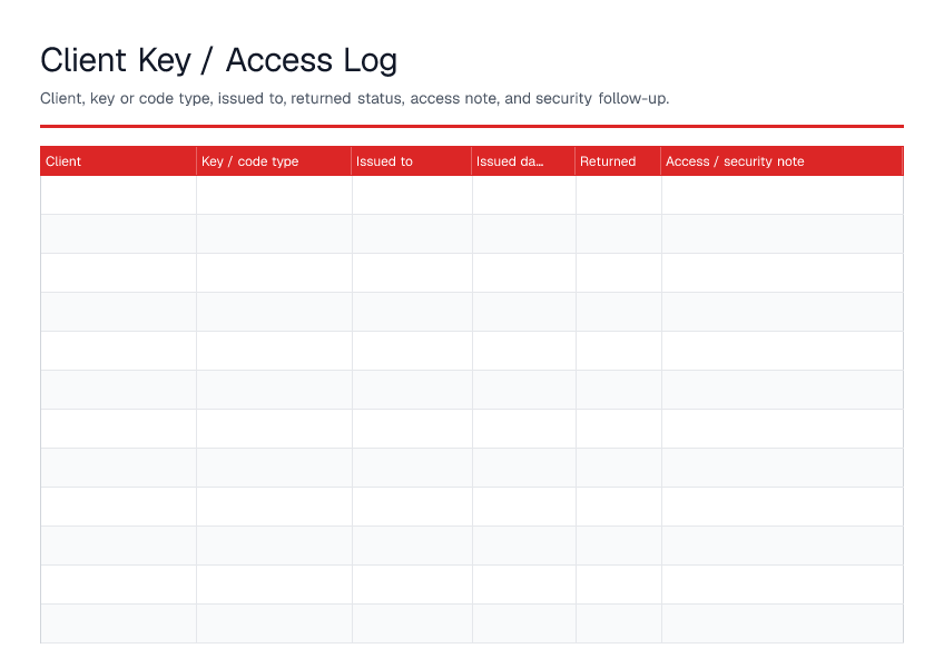 Client Key / Access Log — printable PDF preview