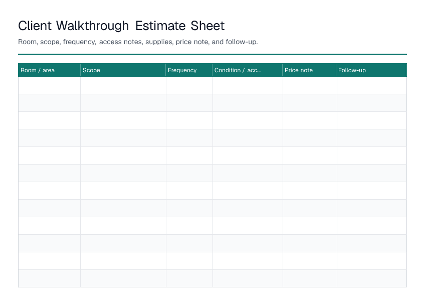 Client Walkthrough Estimate Sheet — printable PDF preview