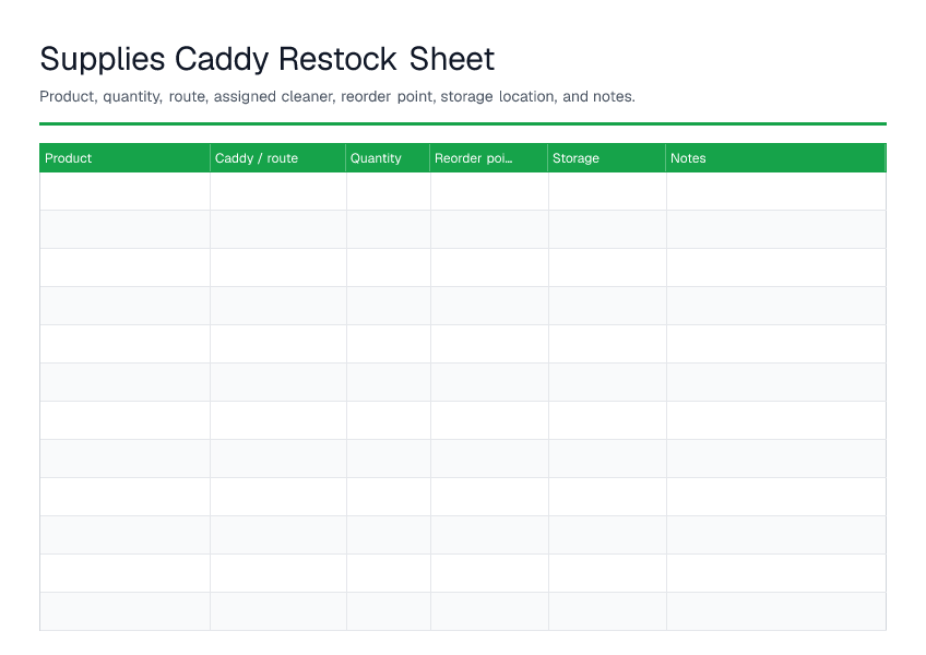 Supplies Caddy Restock Sheet — printable PDF preview