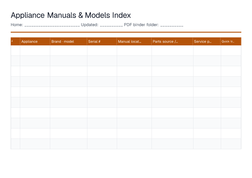 Appliance Manuals & Models Index — printable PDF preview
