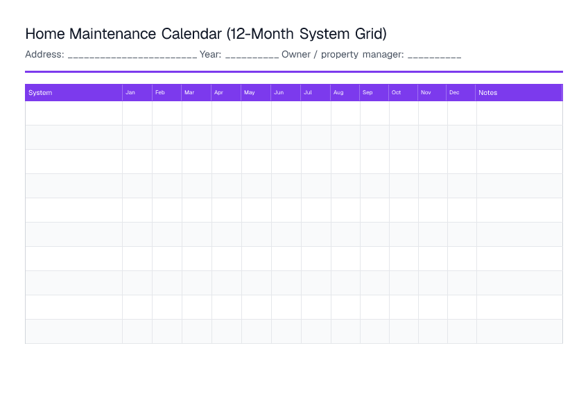 Home Maintenance Calendar (12-Month System Grid) — printable PDF preview