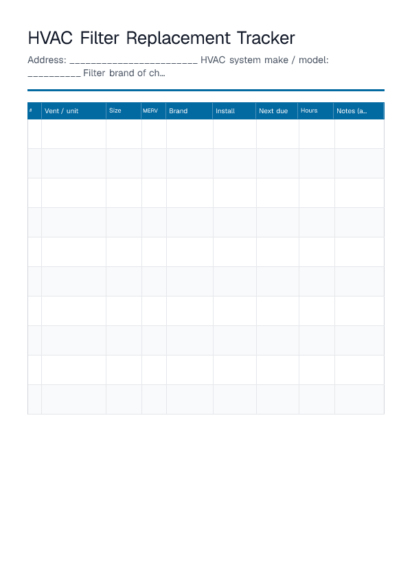 HVAC Filter Replacement Tracker — printable PDF preview