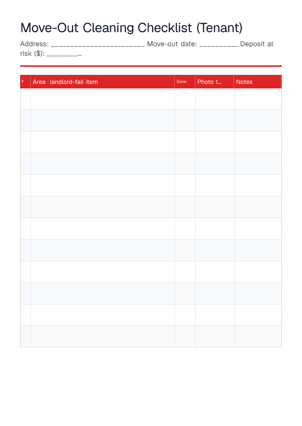 Move-Out Cleaning Checklist (Tenant) — printable PDF preview