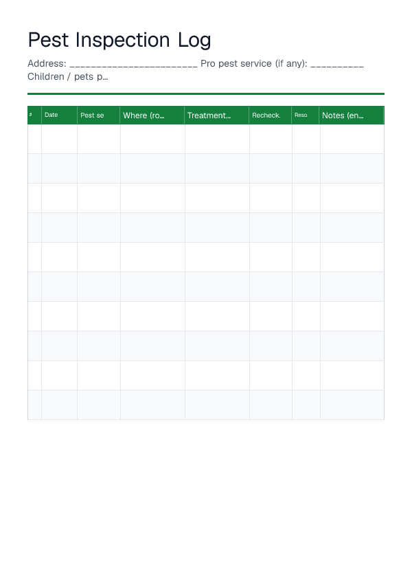 Pest Inspection Log — printable PDF preview