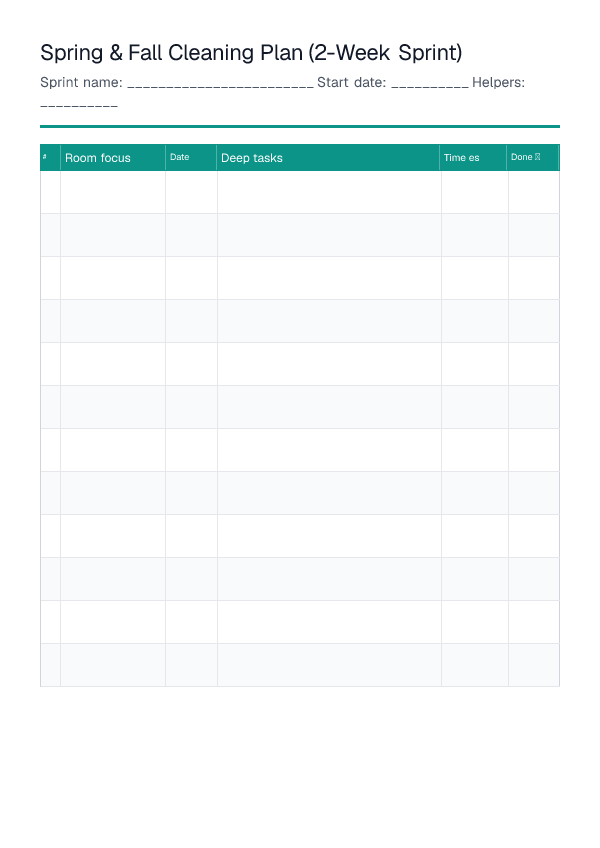 Spring & Fall Cleaning Plan (2-Week Sprint) — printable PDF preview
