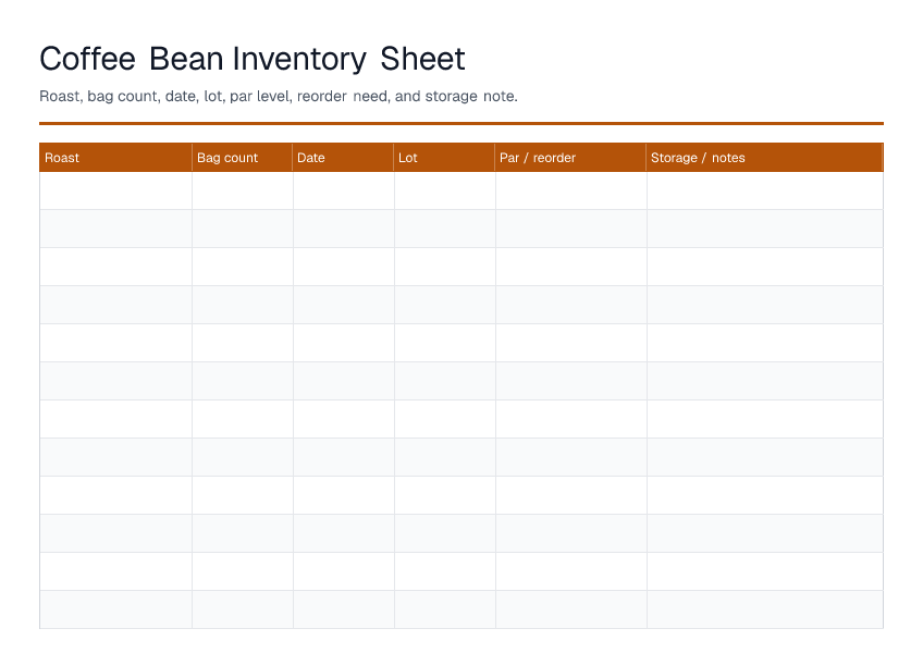 Coffee Bean Inventory Sheet — printable PDF preview