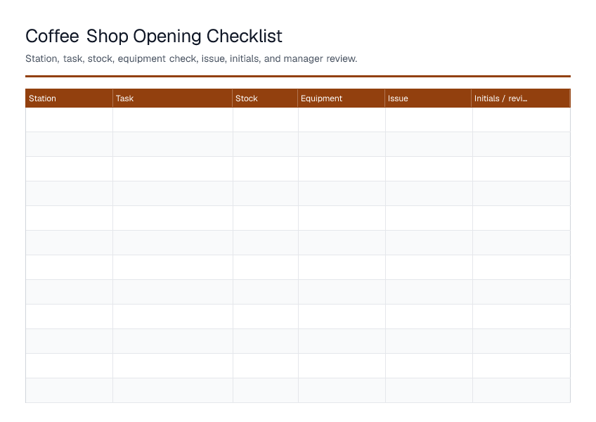 Coffee Shop Opening Checklist — printable PDF preview