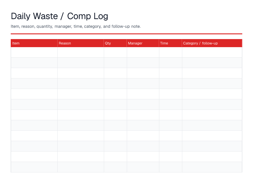 Daily Waste / Comp Log — printable PDF preview