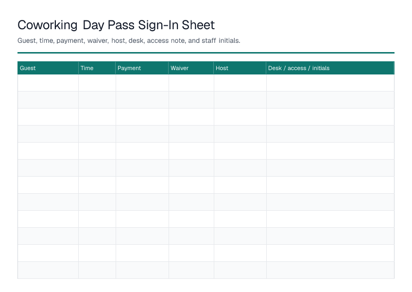 Coworking Day Pass Sign-In Sheet — printable PDF preview
