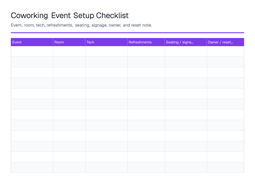 Coworking Event Setup Checklist — printable PDF preview